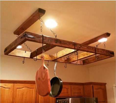 Save space and jazz up your kitchen with these DIY pot rack ideas. Pot Rack Ideas, Diy Pot Rack, Ikea Interior, Pot Rack Hanging, Kitchen Clutter, Kitchen Decor Apartment, Pot Hanger, Kitchen Hacks Organization, Kitchen Ceiling