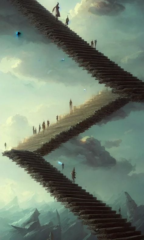 Lexica – Endless stairs made of books leading to heaven, sky full of clouds, art by greg rutkowski and peter mohrbacher, featured in artstation, octa... Stairs Concept Art, Infinite Staircase, Endless Stairs, Walking Stairs, Sky Full Of Clouds, Stairway Art, Focus Illustration, How To Draw Stairs, Peter Mohrbacher