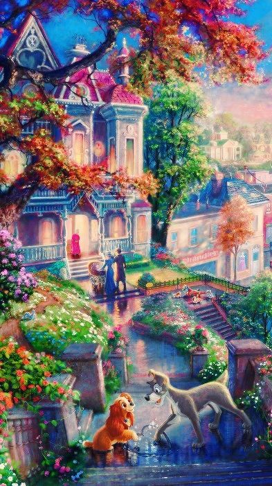 Lady and the Tramp Thomas Kinkade Paintings, Kinkade Disney, Kinkade Paintings, Thomas Kinkade Disney, Disney Paintings, Images Disney, Disney Background, Karakter Disney, Disney Images