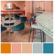 Teraccota And Blue, Peach And Blue Interior Design, Cafe Colour Scheme, Aqua And Terracotta, Mediterranean Colour Scheme, London Colour Palette, Blue And Terracotta Kitchen, Orange And Blue Interior, Blue Terracotta Color Schemes