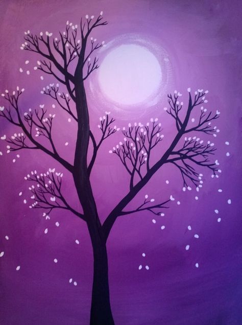 The paint I used was acrylic and it was non-toxic (I always use non-toxic paint) and is on a 12 inch by 16 inch stretched canvas. I really like how the white leaves look so strikingly vivid against a purple sky. I like how the blending of the sky turned out because that is usually the toughest to do. Simple Purple Painting, Easy Purple Painting Ideas, Purple Canvas Painting Easy, Purple Drawing Ideas, Monochromatic Painting Easy, Painting Ideas On Canvas Purple Background, Really Easy Paintings, Purple Painting Ideas, Acrylic Painting Canvas Purple