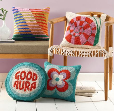 I’m in love with this collection. 🐌 🌺 Hooked Pillow, Kitchen Rugs And Mats, Hand Embroidery Projects, Tufted Cushion, Abstract Throw Pillow, Toy Brand, Kids Boutique, Diy Pillows, Beautiful Pillows