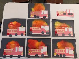 Tots and Me... Growing Up Together: Littles Learning Link Up: October 11, 2016 Craft Highlight- Shape Firetruck on Flame Painting Fire Truck Craft, Fire Safety Theme, Flame Painting, Fire Safety Preschool, Firefighter Crafts, Fire Crafts, Truck Crafts, Firefighter Art, Community Helpers Preschool