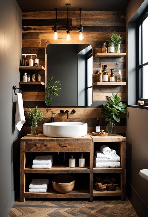 Cabin Guest Bathroom, Small Bathroom With Toilet Closet, Tiny Bathroom With Bath, Wood Paneling Bathroom, Small Cabin Bathroom Ideas, Wood Bathroom Countertop, Tiny Cabin Bathroom, Easy Bathroom Remodel, Tiny Bathroom Remodel