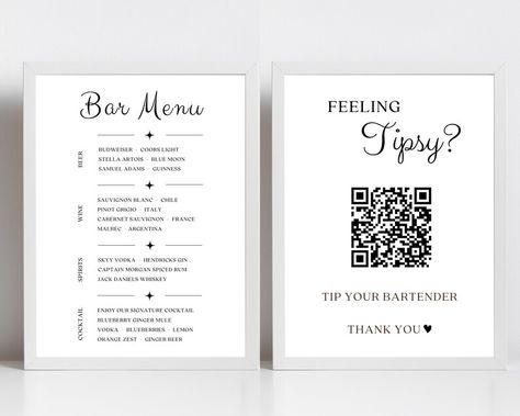 Printable Virtual Tip and Bar Menu Sign Template QR Code - Etsy Ireland Skyy Vodka, Bar Menu Sign, Qr Code Sign, Small Business Signs, Hendricks Gin, Event Bar, Menu Sign, Canva Tutorial, Bar Menu