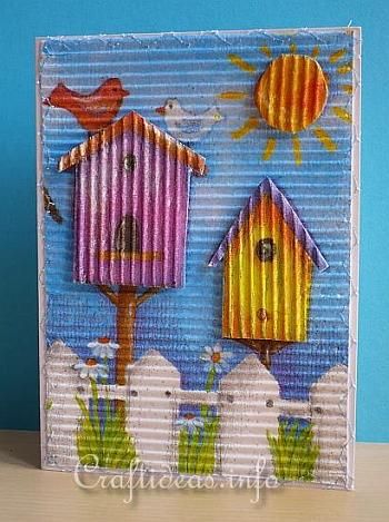 Paper Napkin Technique Spring Greeting Card - Textured Birdhouses Card This cheerful card gets its interesting texture by “painting” paper napkin motifs onto white corrugated cardboard. Cardboard Cutout Art, Cardboard Art Projects, Cardboard Relief, Napkin Cards, Corrugated Card, Free Crafts, Spring Craft, Greeting Card Craft, Corrugated Paper