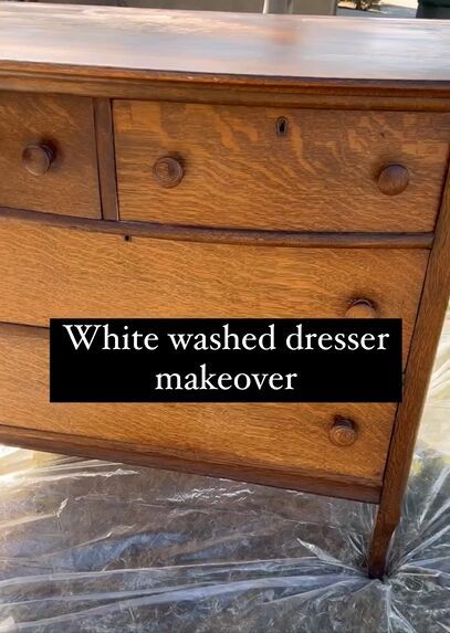 How To Refinish Bedroom Furniture, White Wash Old Furniture, Oak Furniture Redo, How To Use White Wash Wood Stain, Milk Paint White Wash, White Washing Dresser, How To Whitewash Wood Furniture, Painted Oak Dresser Ideas, Antique White Dresser Diy