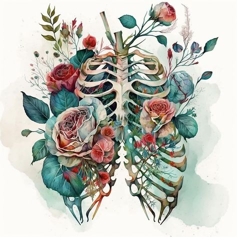 Ribcage Full of Watercolor Roses Skeleton Portrait, Flower Anatomy, Medical Artwork, Png Skeleton, Skeleton Illustration, Biology Art, Watercolor Roses, Botanical Artwork, Skeleton Art