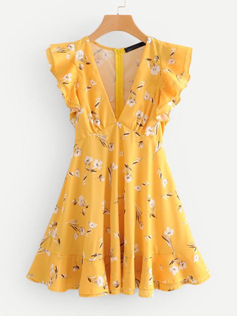 Random Florals Tiered Ruffle Dress -SheIn(Sheinside) Floral Products, Yellow Sundress, Tiered Ruffle Dress, Cape Sleeves, Dress Yellow, Mini Dress With Sleeves, Trendy Dresses, Yellow Floral, Yellow Dress