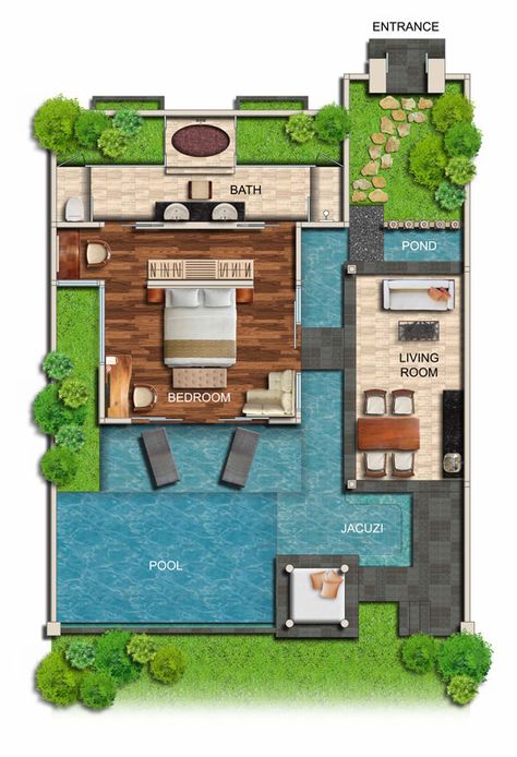 Thai Villa Design, Bali Villa Floorplan, Plan Layout Design, Small Villa Design, Pool House Floor Plans, Tiny Villa, Villa Layout, Hotel Room Design Plan, Resort Design Plan