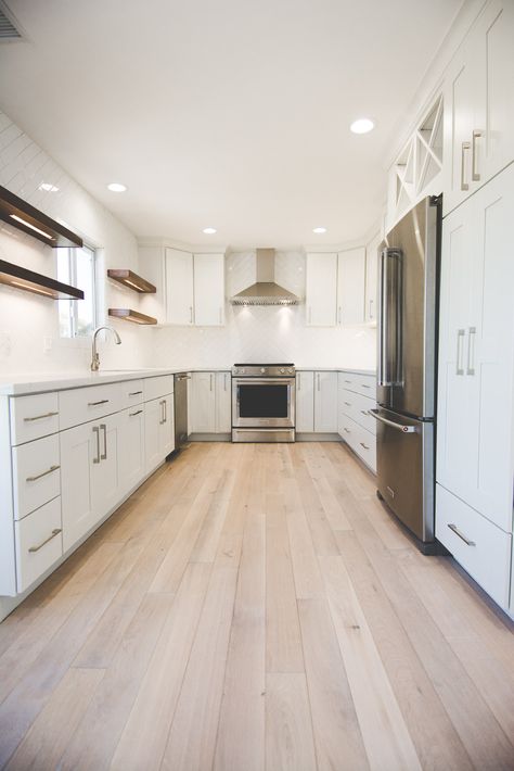 White Galley Kitchen, Full House Remodel, Custom Shelves, Shaker Cabinets, Galley Kitchen, Recessed Lighting, Home Remodeling, Hardwood Floors, Kitchen Cabinets