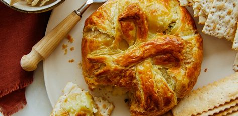 Spinach Artichoke Baked Brie by Food Network Kitchen Iranian Food, Cheese Party, Frozen Puff Pastry, Creamy Spinach, Baked Brie, Creamed Spinach, Cheese Appetizers, Spinach Artichoke, Holiday Appetizers