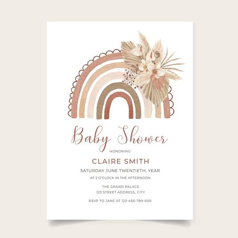 Vector boho baby shower invitation templ... | Premium Vector #Freepik #vector #baby-girl #baby-shower #baby-card #baby-invitation Flowers Rainbow, Boho Baby Shower Invitations, Dried Pampas, Baby Shower Invitation Template, Rainbow Baby Shower, Boho Baby Shower, Stationery Templates, Baby Card, Business Card Maker