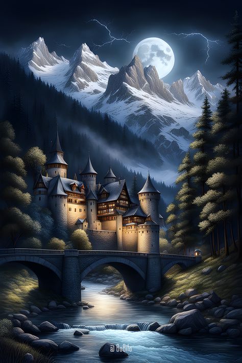 Embark on a journey through ancient fantasy realms with stunning digital depictions of castles nestled in mountainous landscapes, illuminated by the ethereal glow of the moon Notion Pics, Moon Kingdom, Fantasy Town, Art Landscapes, Moon Photography, Beautiful Moon, Fantasy Art Landscapes, Mountain Art, Anime Style