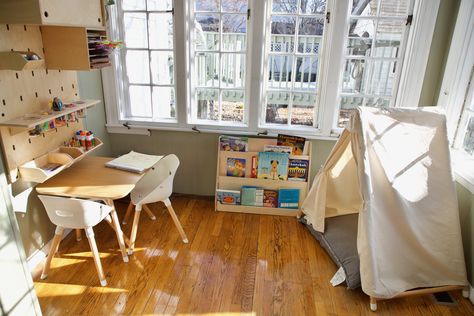 Montessori Home Tour: Playroom Homeschool Room — Home and on the Way Playroom Homeschool Room, Front Facing Bookshelf, Montessori Home, Room Bookshelf, Montessori Playroom, Bookshelves In Living Room, Homeschool Room, Old Apartments, Open Ended Toys