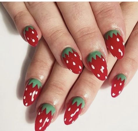 Strawberry Nails Acrylic Almond, Strawberry Nail Ideas, Red And Green Nail Designs, Strawberry Acrylic Nails, Mushroom Nails Art, Nail Art Strawberry, Strawberry Nails Designs, Strawberry Nail Designs, Strawberry Makeup Look