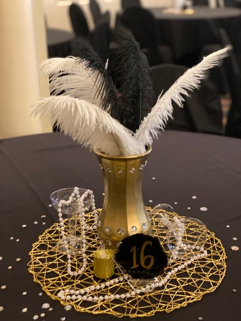 Gatsby Centerpiece Ideas Diy, Gatsby Gala Centerpieces, Roaring 20s 50th Birthday Party, Roaring 20s Table Centerpieces, Masquerade Theme Ideas, Victorian Masquerade Ball Decorations, Masquerade Gala Decorations, Masquerade Party Table Decorations, Mascarade Centerpieces Ideas