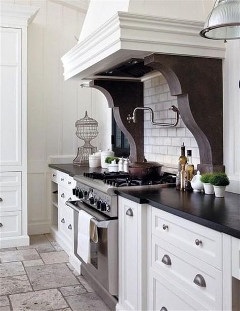 European Farmhouse Kitchen, Backsplash Herringbone, Kitchen With White Cabinets, Kitchen Hood Design, Oven Hood, Hood Ideas, White Kitchen Remodeling, Diy Backsplash, Kitchen Remodel Before And After