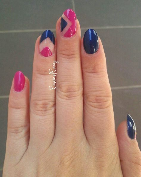 Hot pink and navy blue negative space nail art #EnamelEnvy #nailart Bright Navy Blue Nails, Pink And Navy Nails Ideas, Navy Pedicure, Navy Blue And Pink Nail Ideas, Navy Blue And Pink Nails Acrylic, Navy And Hot Pink Nails, Magenta And Navy Blue Nails, Hot Pink And Blue Nails, Hot Pink Pedicure