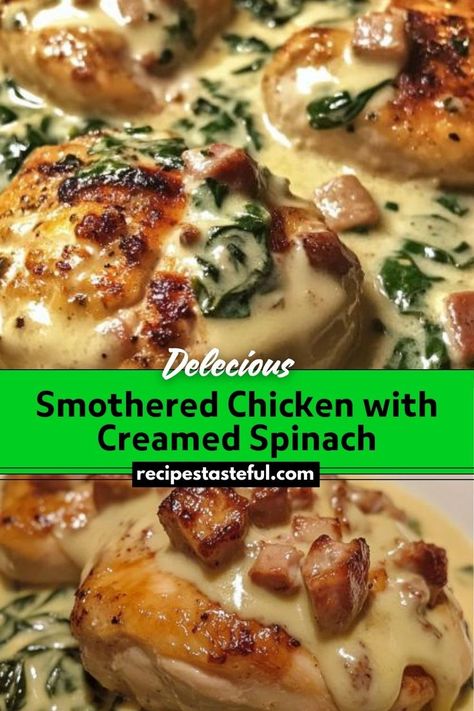 Smothered Chicken with Creamed Spinach is a comforting dish featuring juicy chicken breasts topped with a rich and creamy spinach and mushroom sauce. Perfect for a hearty weeknight dinner or a special occasion, this dish combines savory flavors and a creamy texture for a satisfying meal. Smothered Chicken With Creamed Spinach, Chicken With Creamed Spinach, Chicken Spinach Mushroom, Creamy Spinach Sauce, Smothered Chicken Recipes, Spinach And Mushrooms, Traditional Thanksgiving Recipes, Spinach And Mushroom, Mushroom Cream Sauces