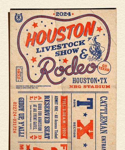 Celebrate the Houston Livestock Show & Rodeo with this official poster, featuring a vibrant design and all the details you need to know about the event. This poster is perfect for hanging in your home or office, or giving as a gift to a friend or family member.  . #westernfont #freewesternfont #cowboyfont #wildwest #westernstyle Vintage Austin Texas, Rustic Poster Design, Vintage Rodeo Posters, Western Poster Design, Texas Graphic Design, App Campaign, Texas Illustration, Rodeo Design, Rustic Poster