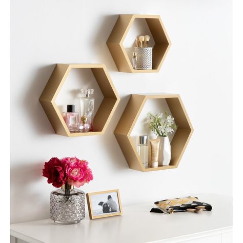 Hexagon Wall Shelf, Hexagon Shelf, Honeycomb Shape, Hexagon Shelves, Salon Suites, Wall Shelf Decor, Casa Vintage, Wood Shelf, Wall Installation