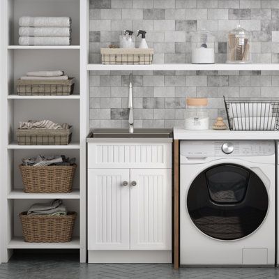 When it comes to laundry spaces or utility rooms, who doesn't need more storage space? The Beckham Laundry Cabinet is both a simple and practical solution to your storage needs. This laundry cabinet features an easy to clean stainless-steel sink, 2 shaker doors with grooved detail and brushed nickel hardware. Includes a single lever high-arc pull out brushed nickel faucet and plumbing kit for easy installation. | Latitude Run® Beckham 24 Inch Laundry Cabinet w/ Faucet And Stainless Steel Sink Wh Laundry Cabinet, Nickel Faucet, Laundry Room Wallpaper, Brushed Nickel Faucet, Dream Laundry Room, White Laundry, Laundry Cabinets, Laundry Room Closet, Laundry Room Renovation