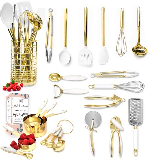 PRICES MAY VARY. ✔23 PIECE GOLD KITCHEN ACCESSORIES SET - Instantly elevate your cooking and baking experience by adding these gold kitchen utensils set and white and gold metal measuring cups and spoon set. Contents include: gold spatula, gold silicone turner, gold ladle, gold tongs, gold spoon, gold whisk, and matching gold utensil holder, mini whisk and tongs, gold cheese grater, gold garlic press, gold veggie peeler, gold ice cream scoop, gold pizza cutter, and gold can opener ✔ HIGH QUALITY Gold Measuring Cups, White And Gold Kitchen, Gold Kitchen Utensils, Gold Ice Cream, White Kitchen Utensils, White Kitchen Accessories, Gold Utensils, Gold Kitchen Accessories, Kitchen Utensils Set