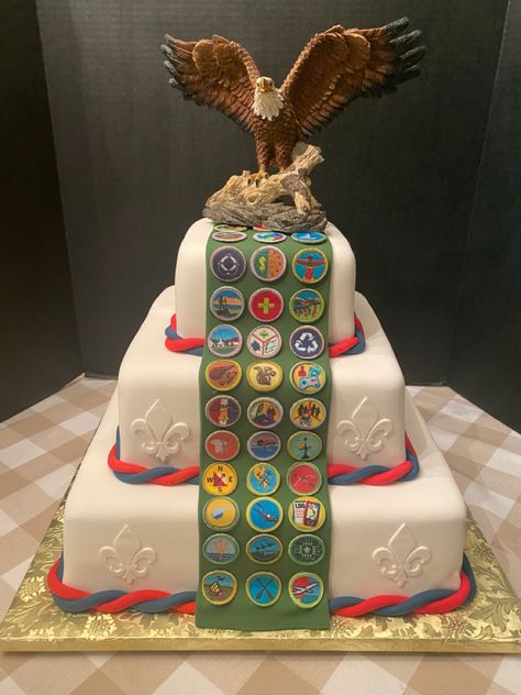 3 tier square cake, Eagle Scout, BSA, Boy Scouts of America, fleur de lis, Scouts BSA 3 Tier Square Cake, Boy Scout Cake, Eagle Court Of Honor, Eagle Scout Cake, Eagle Ceremony, America Cake, Eagle Scout Ceremony, Court Of Honor, Scouts Bsa