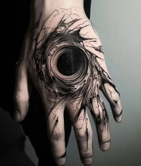 Dark Tatoos Aesthetic, Hand Tattoos Blackwork, Black Moon Tattoo Design, Black On Black Tattoo, Blackwork Eye Tattoo, Dark Elbow Tattoo, Cyberpunk Hand Tattoo, Paradoxical Tattoo, Abyss Tattoo