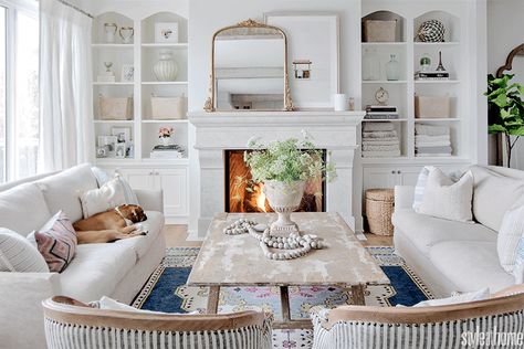 Jillian Harris's home is washed in a beachy white, cream and blue palette | Style at Home French Country Rug, Country Romance, French Country Living, Farmhouse Side Table, Jillian Harris, Wallpaper Sky, Kelowna Bc, French Country Living Room, Casa Country