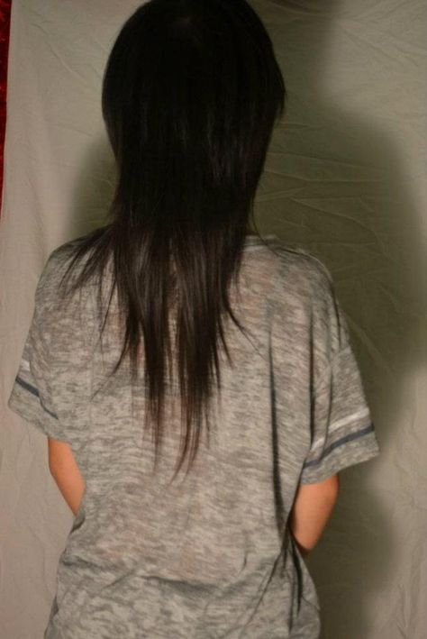 Asian Mullet Back View "V" Scene Hair Back View, V Haircut With Layers, Emo Mullet, Black Emo Hair, Brown Scene Hair, Blonde Scene Hair, Hair From The Back, Asian Mullet, Scene Hair Tutorial