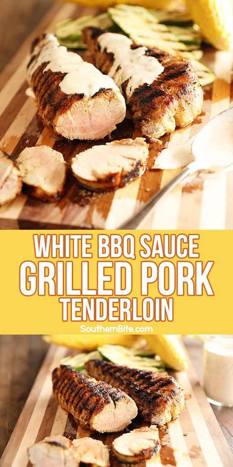 This White BBQ Sauce Grilled Pork Tenderloin is marinated in Alabama White BBQ Sauce, grilled to juicy perfection, and drizzled with even more BBQ sauce. The recipe for the White BBQ sauce works on other cuts of pork as well... pork chops, even ribs taste amazing! #sponsored by @IowaPork  #IowaPork #USAPork Sauce For Pork Tenderloin, Alabama White Bbq Sauce, White Bbq Sauce, Pork Sauce, Grilled Pork Tenderloin, Tenderloin Recipes, Bbq Sauce Recipe, Mix Recipes, Chickpea Recipes