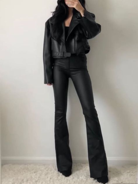 leather pants outfit: bootcut All Black Rockstar Outfit, Black Leather Bell Bottoms Outfit, Flaired Leather Pants, Bootcut Leather Pants Outfit, Chic Flared Leather Pants, Black Flare Leather Pants, Black Bootcut Pants Outfit, Black Velvet Pants Outfit, Leather Flare Pants Outfits