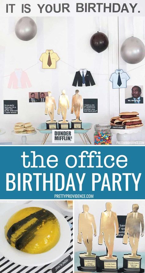 Office Birthday Party Ideas, Dundie Awards, The Office Birthday Party, Stapler In Jello, Office Birthday Decorations, Office Themed Party, Office Birthday Party, The Office Show, Food Decorations