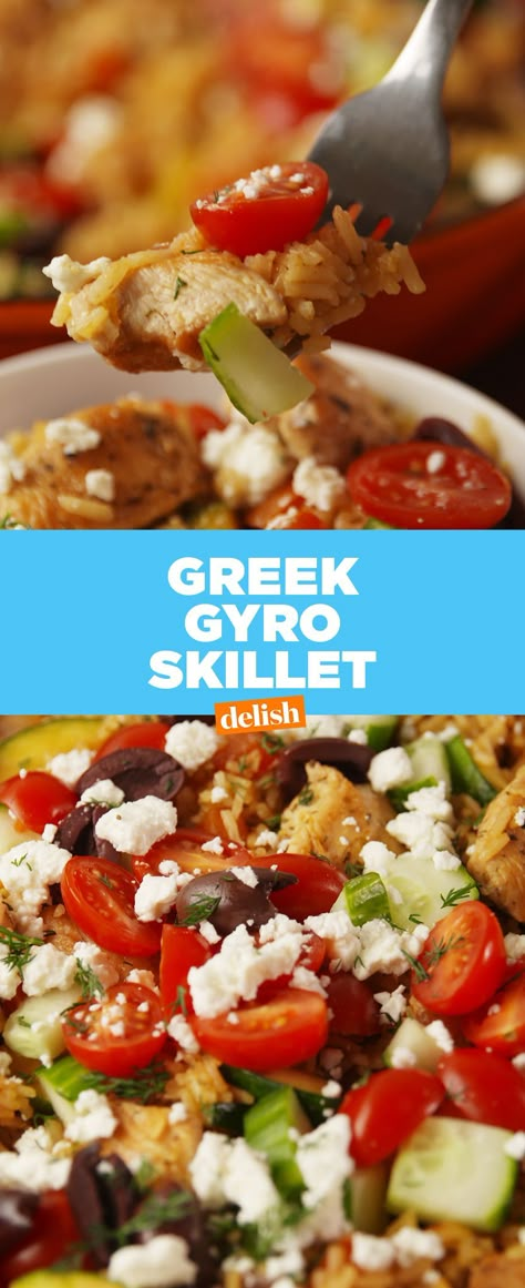 Gyro Skillet, Greek Skillet, Greek Gyros, Greek Foods, Greek Cooking, Skillet Dinners, Skillet Recipes, Skillet Meals, Cooked Vegetables