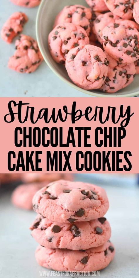 Whip up these delightful Strawberry Chocolate Chip Cake Mix cookies with just 4 simple ingredients! Perfect for satisfying your sweet cravings in a snap. No fuss, just yum! Strawberry Cake Batter Cookies, Strawberry Chocolate Chip Cookies From Cake Mix Recipes, Strawberry Box Cake Cookies, Strawberry Cake Mix Ideas, Cake Mix Thumbprint Cookies, Chocolate Chip Cake Mix Cookies, Cake Mix Chocolate Chip Cookies, Cheap Cookies, Strawberry Chocolate Chip