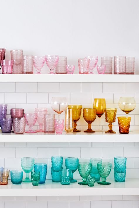 Mix and match has a whole new meaning! Create a rainbow display of colored glassware in your kitchen or dining area for the ultimate bold statement. Shop Amazon Home for our curated selection of bright cups, glasses, and tumblers. #amazonhome #founditonamazon Glassware Display, Colorful Glassware, Retro Glassware, Colored Glasses, Glassware Kitchen, Colored Glassware, Amazon Home, Kitchen Stuff, Colored Glass