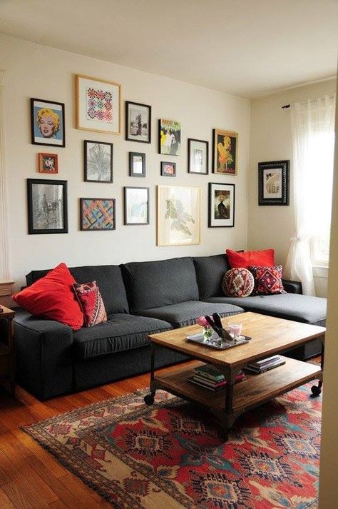 Neutral Gallery Wall, Grey Sofa, Persian Rug and Red Accents Couch Apartment, Furnitur Ruang Keluarga, Small Living Room Layout, Trendy Apartment, Living Room Decor Rustic, Small Apartment Living Room, Small Living Room Decor, Trendy Living Rooms, Small Apartment Decorating