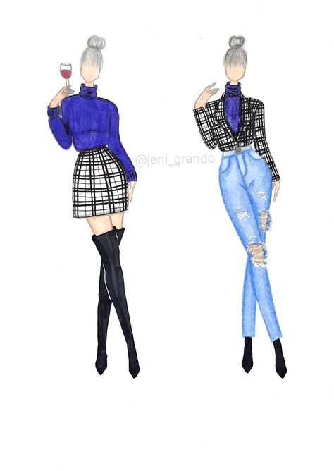 winter plaid draw fashiondraw blue boots jeans wine black blazer pants skirt Winter Fashion Outfits Illustration, Skirt Illustration Fashion Sketches, Plaid Fashion Illustration, Plaid Skirt Drawing, Winter Dress Drawing, Blue Dress Drawing, Winter Outfits Drawing, Winter Fashion Illustration, Jeans Sketch