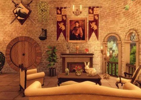 *not my picture!!!* message me for credits or removal!! (or on discord caddyshack#3929) Hufflepuff Music, Hufflepuff Dorm Room, Hufflepuff Dormitory, Hogwarts Common Rooms, Hufflepuff Wallpaper, Hufflepuff Common Room, Harry Potter Socks, Plush Armchair, Cozy Dorm Room