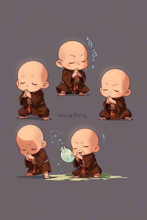 A cute bald little monk dressed in a robe and carrying 1 Children Illustration, Digital Illustration, Carry On, Quick Saves