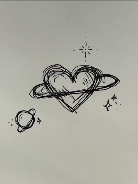 Heart Planet Drawing, Stars And Planets Drawing, Pretty Heart Drawing, Heart Planet Tattoo, Simple Doodles Love, Simple Love Doodles, Cute Heart Drawings Doodles, Stars Drawing Simple, Heart Sketch Aesthetic