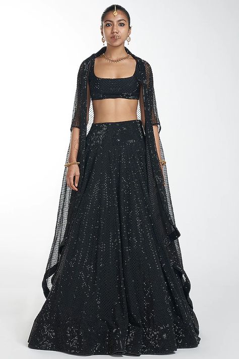 Black Embroidered Lehenga Set With Cape Design by ITRH at Pernia's Pop Up Shop 2022 Crystal Lehenga, Organza Cape, Lehenga With Blouse, Jacket Lehenga, Cape Lehenga, Black Lehenga, Cape Designs, Embroidered Lehenga, Lehenga Blouse