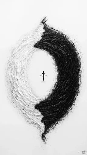 ↑↑↑ Larger size on website 🔸 The image depicts a yin-yang symbol, painted in black and white. The black side is swirling and text Yin Yang Concept Art, Enso Symbol, Silhouette Of A Person, Yin Yang Illustration, Yin Yang Art, Black Side, Yin Yang, The White, The Black