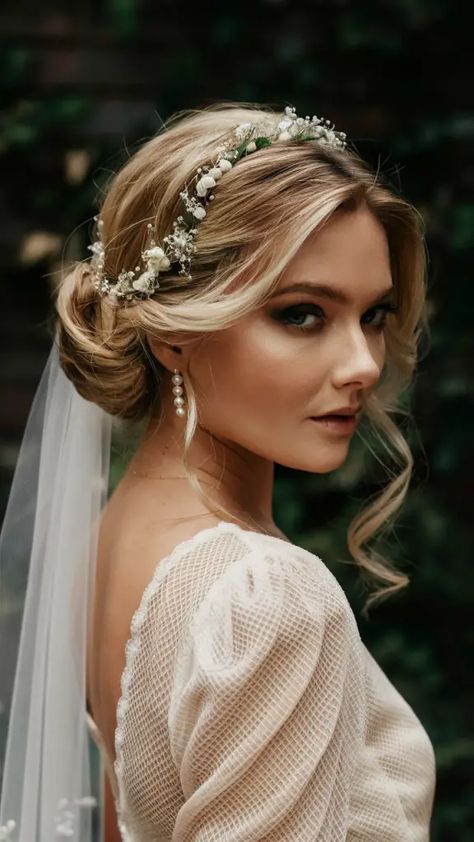 38 Stunning Wedding Hairstyles for 2025: Elegant Updos, Glam Waves, and Boho Braids for Every Bride Heart Shaped Face Wedding Hairstyles, Wedding Updo With Flower Crown, French Twist With Flowers, Bridal Updo Veil, Wedding Hair Fine Hair, Heart Shaped Face Hairstyles, Chic Ponytail, New Year Hairstyle, Elegant Updos