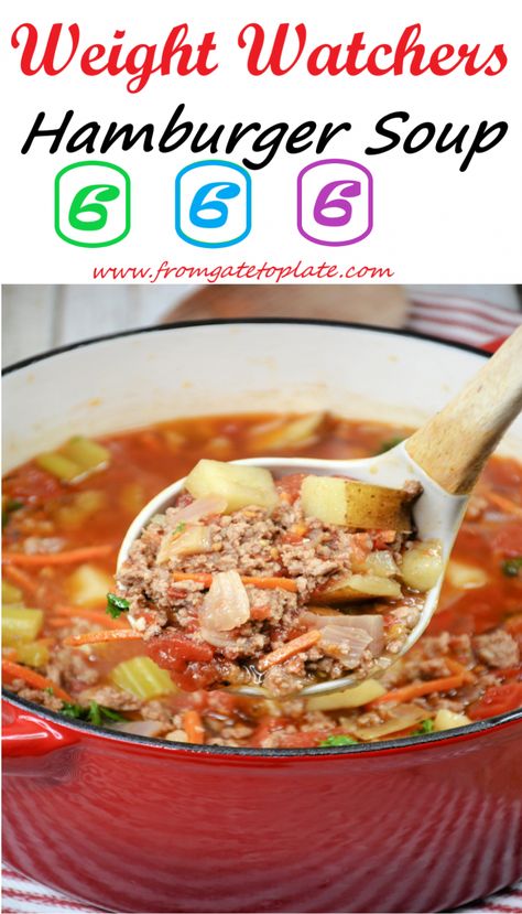 Hamburger Soup - From Gate To Plate Soup Recipes Hamburger, Recipes Hamburger, Weigh Watchers, Ww Food, Weight Watchers Soup, Hamburger Soup, Weight Watcher Dinners, Ww Recipes, Weight Watchers Meals