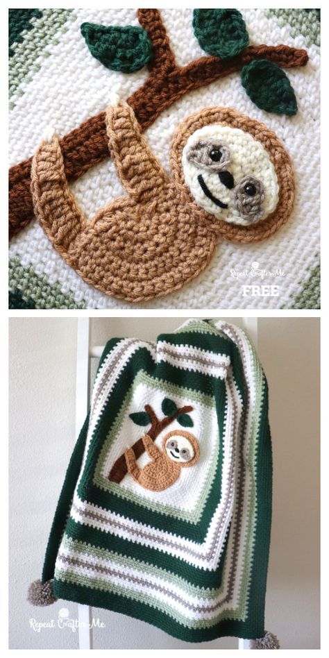 Adorable Sloth Blanket Free Crochet Pattern - DIY Magazine Crocheted Sloth, Cute Crochet Blanket, Crochet Blanket Free Pattern, Sloth Blanket, Crochet Blanket Free, Crochet Sloth, Crochet Baby Blanket Free Pattern, Crochet Motifs, Baby Blanket Crochet Pattern