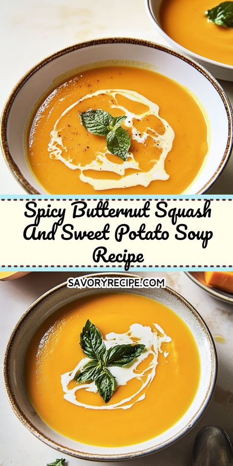 Warm up with this Spicy Butternut Squash and Sweet Potato Soup Recipe! Perfectly blended for a creamy texture, this hearty soup combines sweet and spicy flavors. Ideal for chilly nights, it’s a comforting bowl of nourishment. Enjoy a deliciously satisfying meal that’s both healthy and easy to make! Potato Butternut Squash Soup, Sweet Potato Soup Recipes Easy, Butternut Squash Chilli, Squash And Sweet Potato Soup, Butternut Squash And Sweet Potato, Spicy Butternut Squash, Best Butternut Squash Soup, Potato Soup Recipes, Butternut Squash Sweet