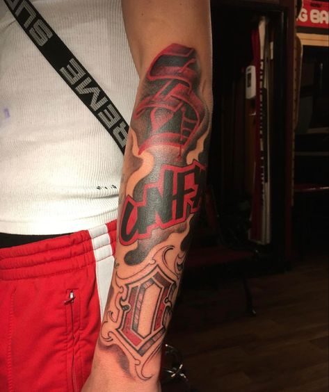 Red tattoo, Red letters, Hood tattoo #tattoo #tattooideas #redtattoo #tattooideasformen Red Letters Tattoo, Red Tattoo Lettering, Red Number Tattoo, Black And Red Tattoo Men, Red Letter Tattoo, Red Lettering Tattoo, Red Ink Tattoos Men, Red Tattoo Men, Red Tattoo Designs